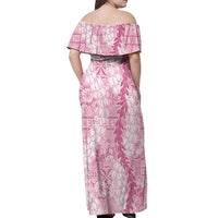 Pink Puakenikeni and Maile Lei Off Shoulder Maxi Dress Hawaiian Style Tribal Tapa Double Strand Lei