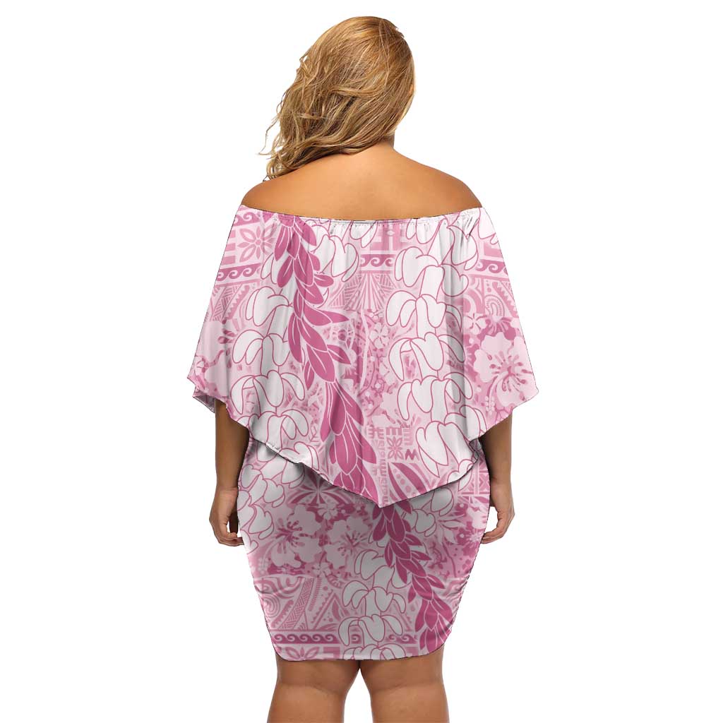 Pink Puakenikeni and Maile Lei Off Shoulder Short Dress Hawaiian Style Tribal Tapa Double Strand Lei