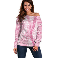 Pink Puakenikeni and Maile Lei Off Shoulder Sweater Hawaiian Style Tribal Tapa Double Strand Lei