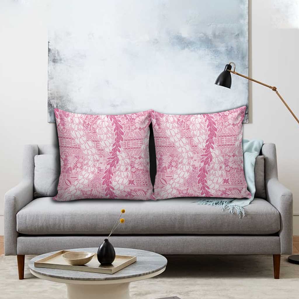 Pink Puakenikeni and Maile Lei Pillow Cover Hawaiian Style Tribal Tapa Double Strand Lei - Polynesian Pride