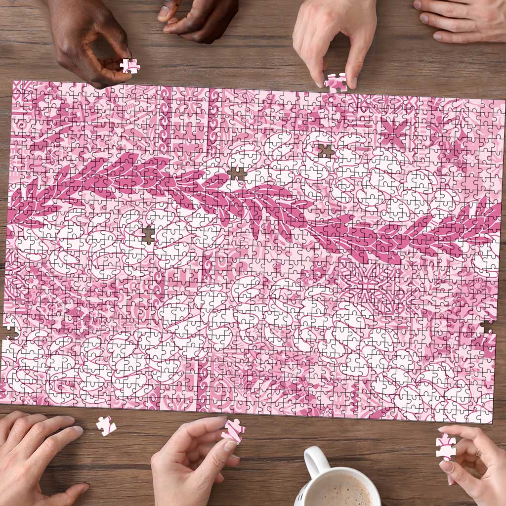 Pink Puakenikeni and Maile Lei Puzzle Hawaiian Style Tribal Tapa Double Strand Lei - Polynesian Pride