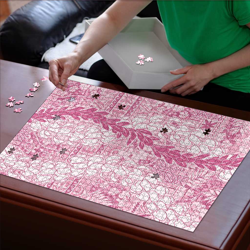 Pink Puakenikeni and Maile Lei Puzzle Hawaiian Style Tribal Tapa Double Strand Lei - Polynesian Pride