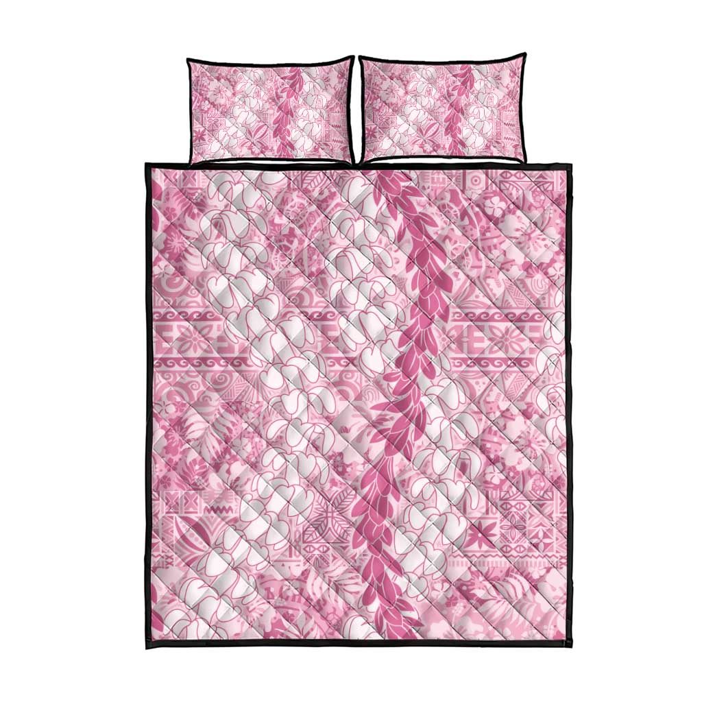 Pink Puakenikeni and Maile Lei Quilt Bed Set Hawaiian Style Tribal Tapa Double Strand Lei