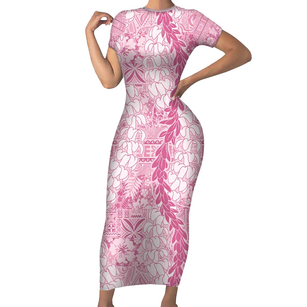 Pink Puakenikeni and Maile Lei Short Sleeve Bodycon Dress Hawaiian Style Tribal Tapa Double Strand Lei