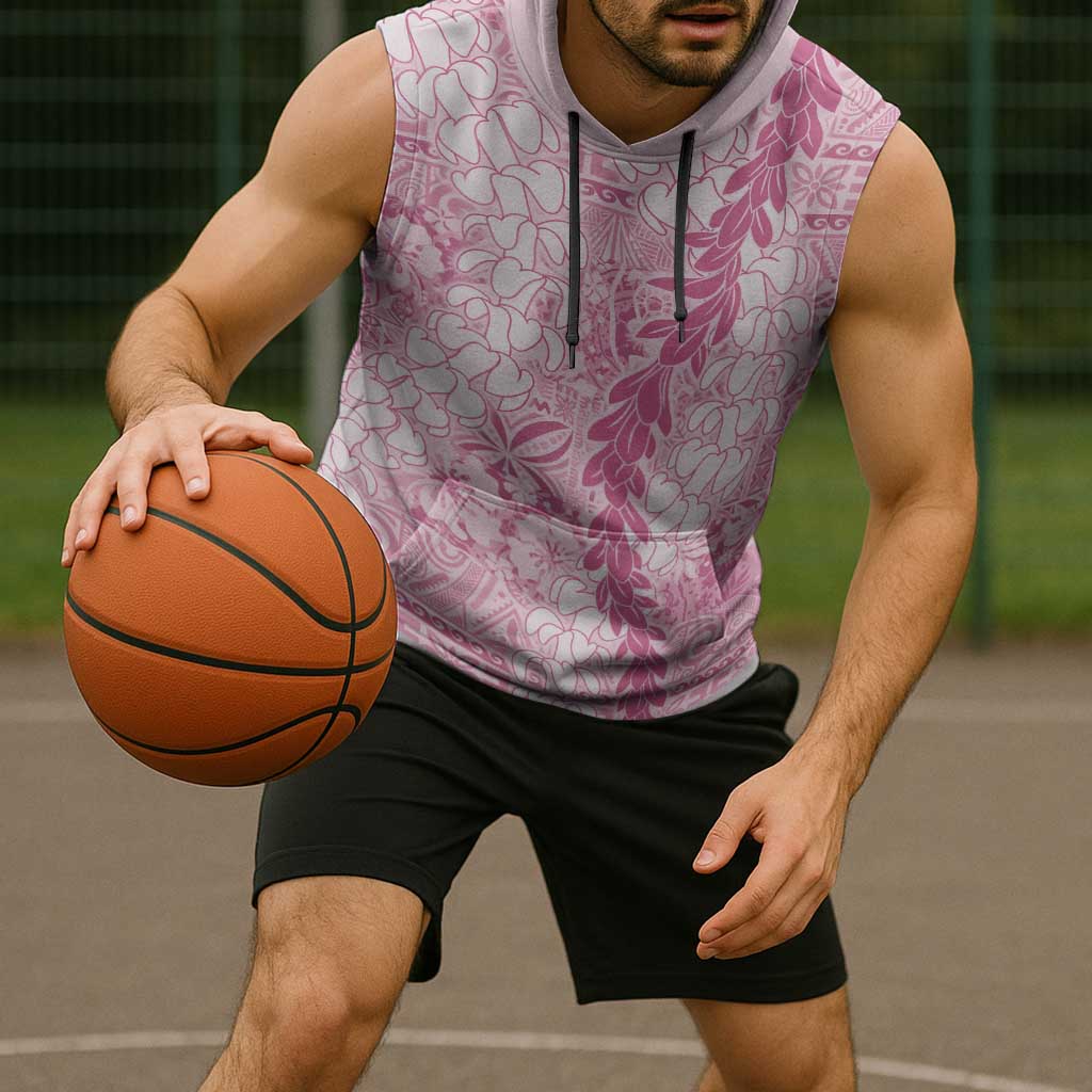 Pink Puakenikeni and Maile Lei Sleeveless Hoodie Hawaiian Style Tribal Tapa Double Strand Lei - Polynesian Pride