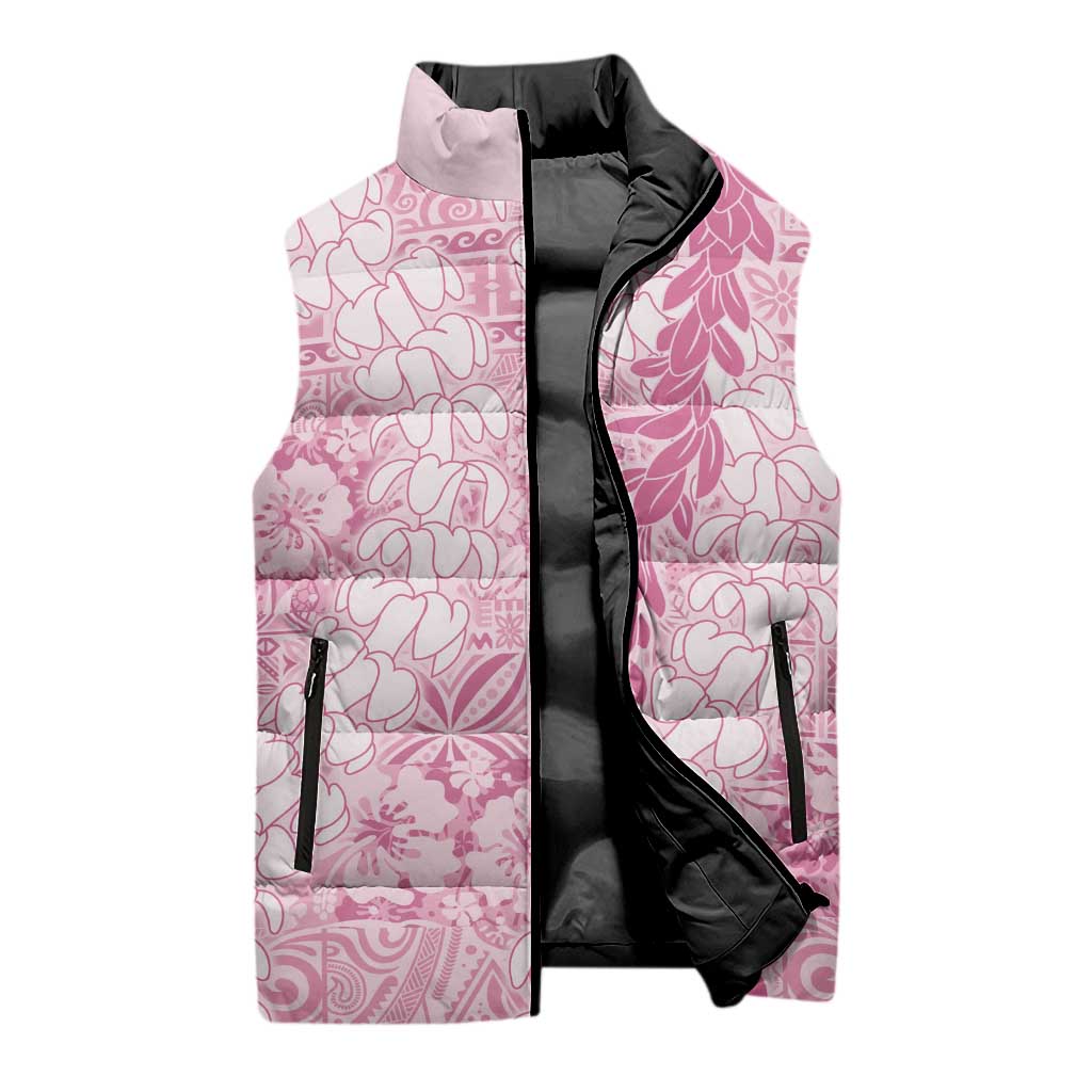 Pink Puakenikeni and Maile Lei Sleeveless Puffer Jacket Hawaiian Style Tribal Tapa Double Strand Lei - Polynesian Pride