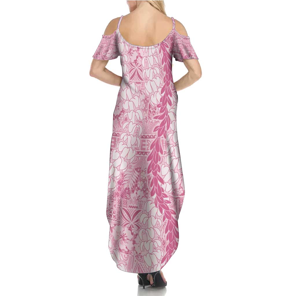 Pink Puakenikeni and Maile Lei Summer Maxi Dress Hawaiian Style Tribal Tapa Double Strand Lei