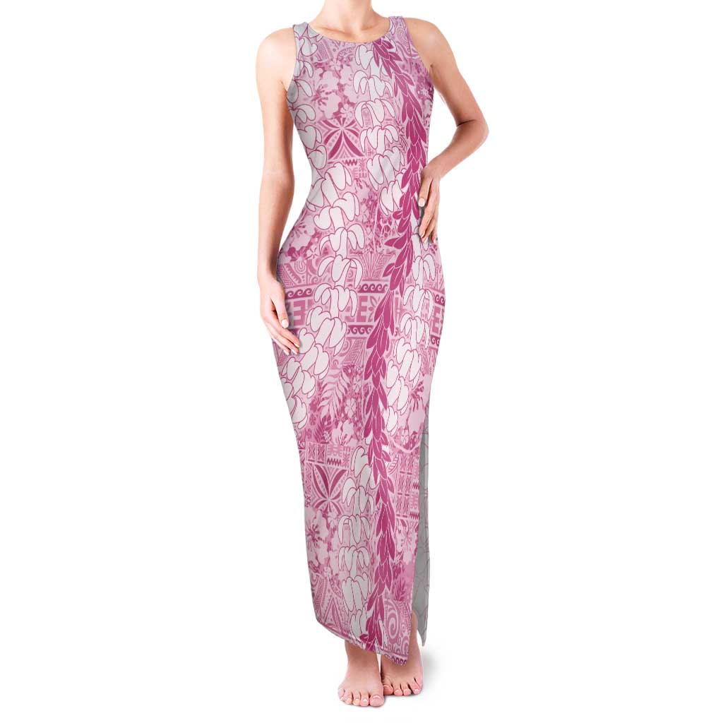 Pink Puakenikeni and Maile Lei Tank Maxi Dress Hawaiian Style Tribal Tapa Double Strand Lei