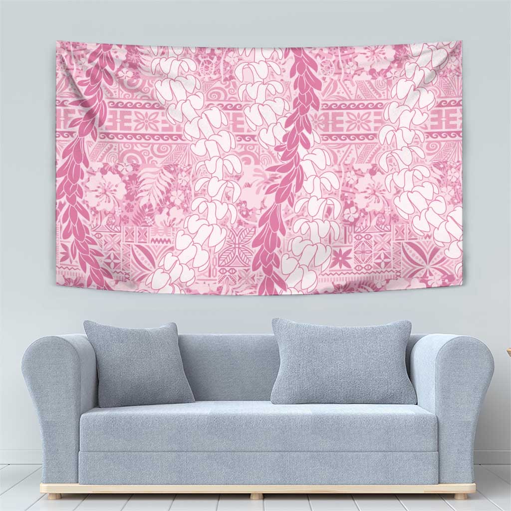 Pink Puakenikeni and Maile Lei Tapestry Hawaiian Style Tribal Tapa Double Strand Lei