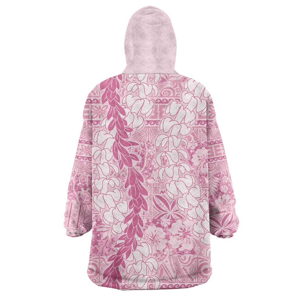 Pink Puakenikeni and Maile Lei Wearable Blanket Hoodie Hawaiian Style Tribal Tapa Double Strand Lei