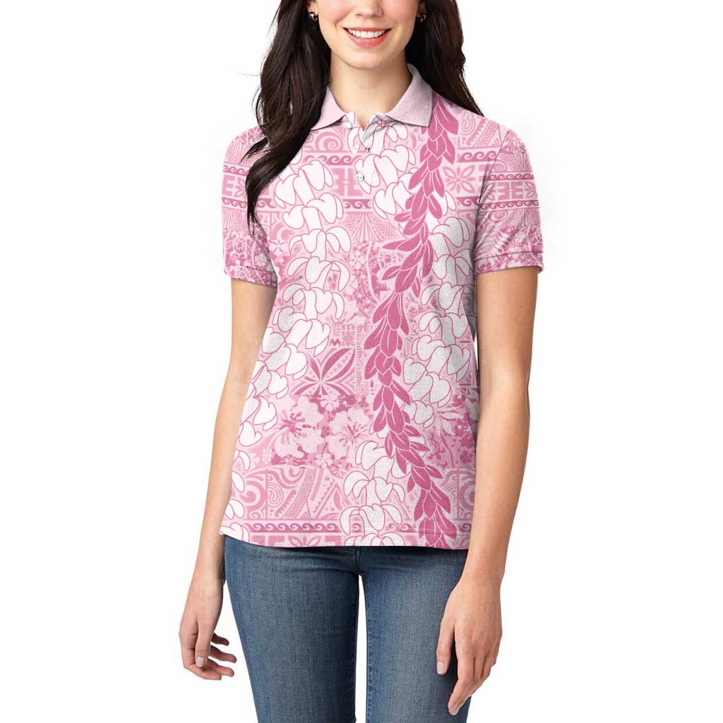 Pink Puakenikeni and Maile Lei Women Polo Shirt Hawaiian Style Tribal Tapa Double Strand Lei