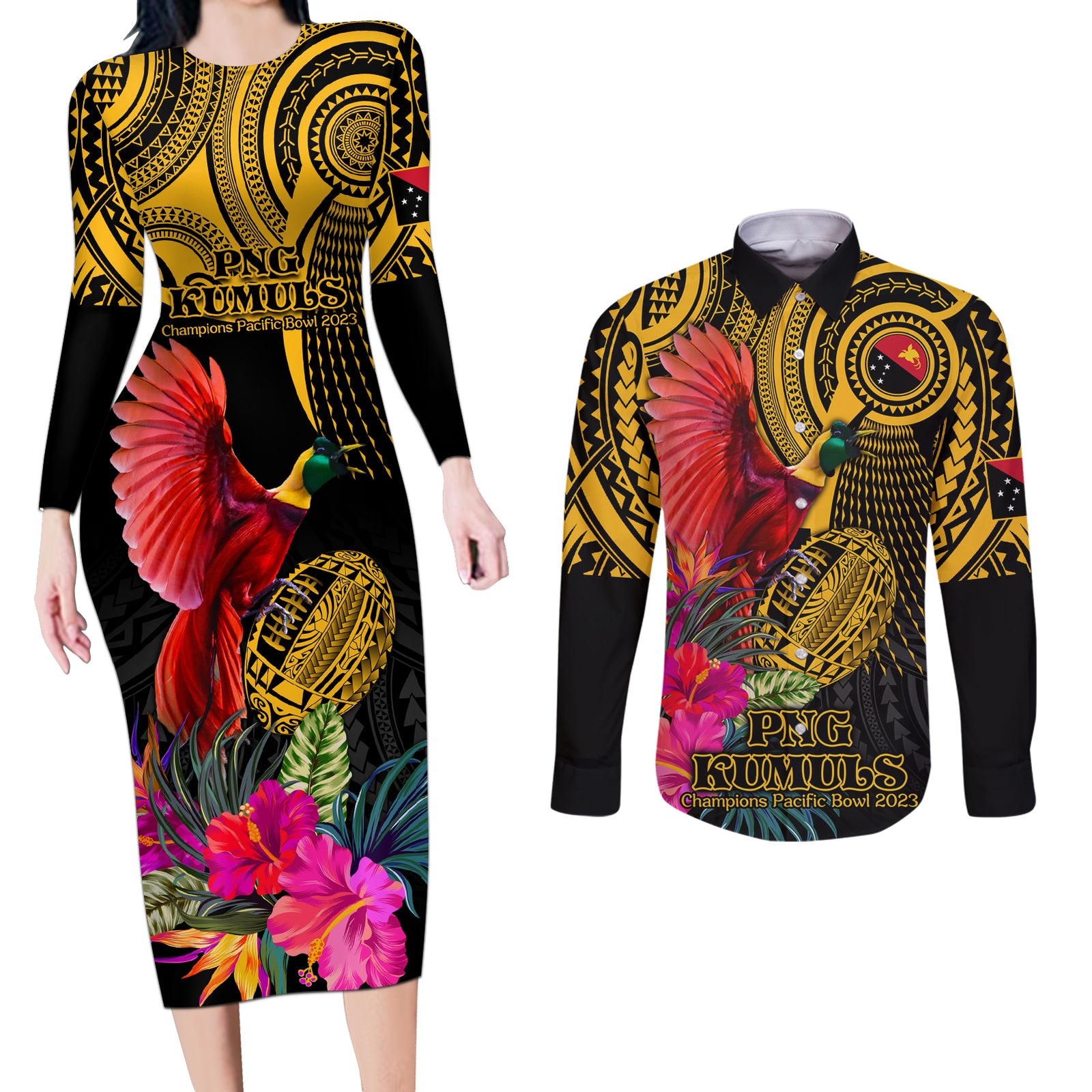 Personalised Papua New Guinea Rugby Couples Matching Long Sleeve Bodycon Dress and Long Sleeve Button Shirt PNG Kumuls Champions Pacific Bowl LT9 Gold - Polynesian Pride