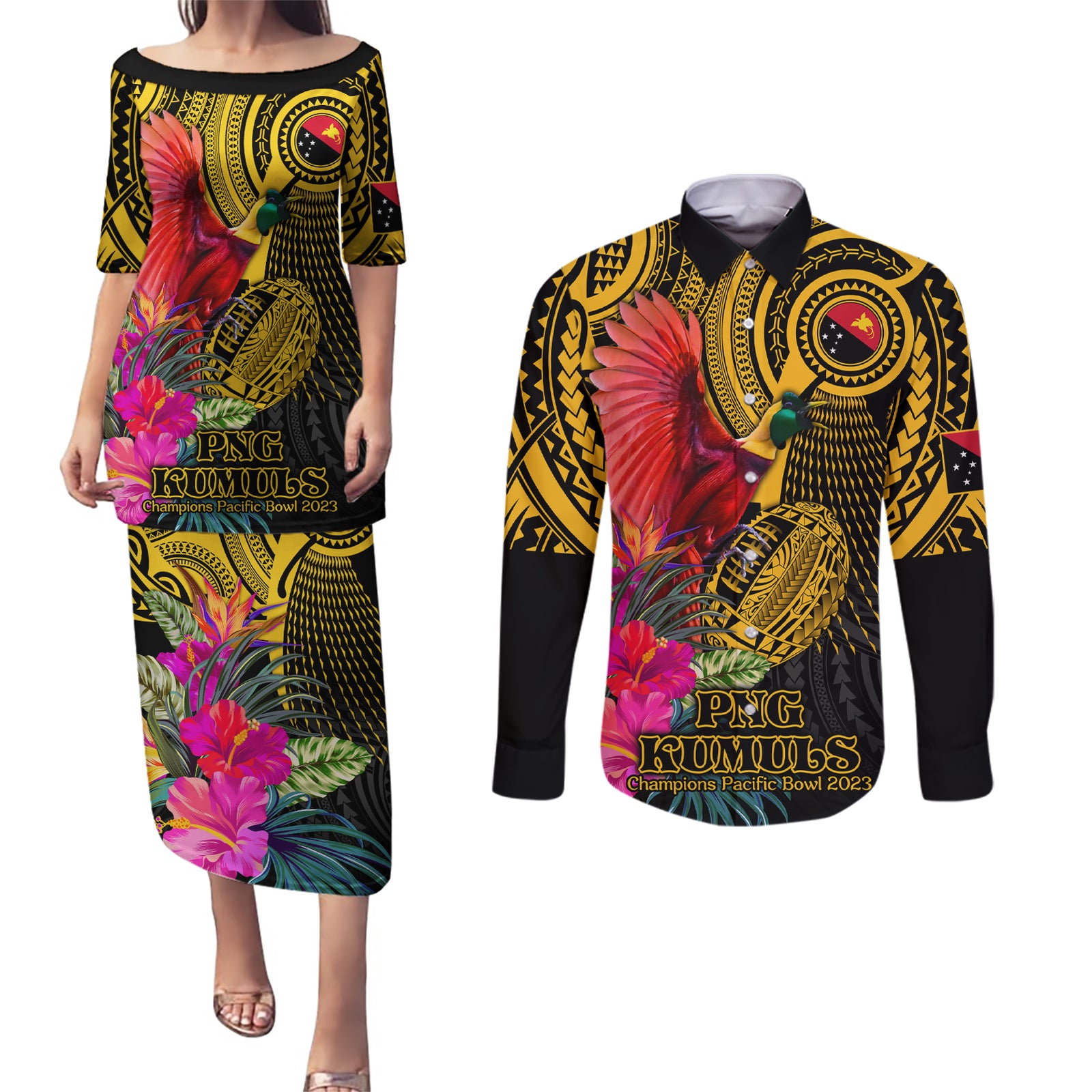 Personalised Papua New Guinea Rugby Couples Matching Puletasi Dress and Long Sleeve Button Shirt PNG Kumuls Champions Pacific Bowl LT9 Gold - Polynesian Pride