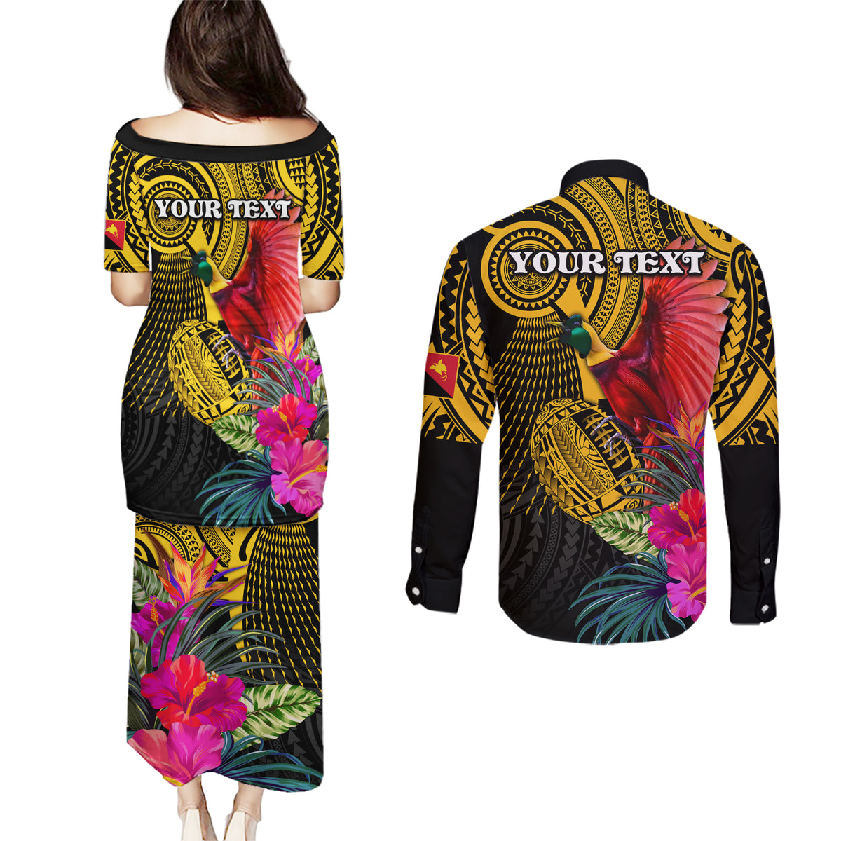 Personalised Papua New Guinea Rugby Couples Matching Puletasi Dress and Long Sleeve Button Shirt PNG Kumuls Champions Pacific Bowl LT9 - Polynesian Pride