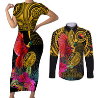 Personalised Papua New Guinea Rugby Couples Matching Short Sleeve Bodycon Dress and Long Sleeve Button Shirt PNG Kumuls Champions Pacific Bowl LT9 Gold - Polynesian Pride