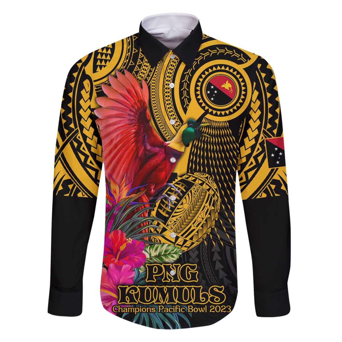 Personalised Papua New Guinea Rugby Family Matching Mermaid Dress and Hawaiian Shirt PNG Kumuls Champions Pacific Bowl LT9 Dad's Shirt - Long Sleeve Gold - Polynesian Pride
