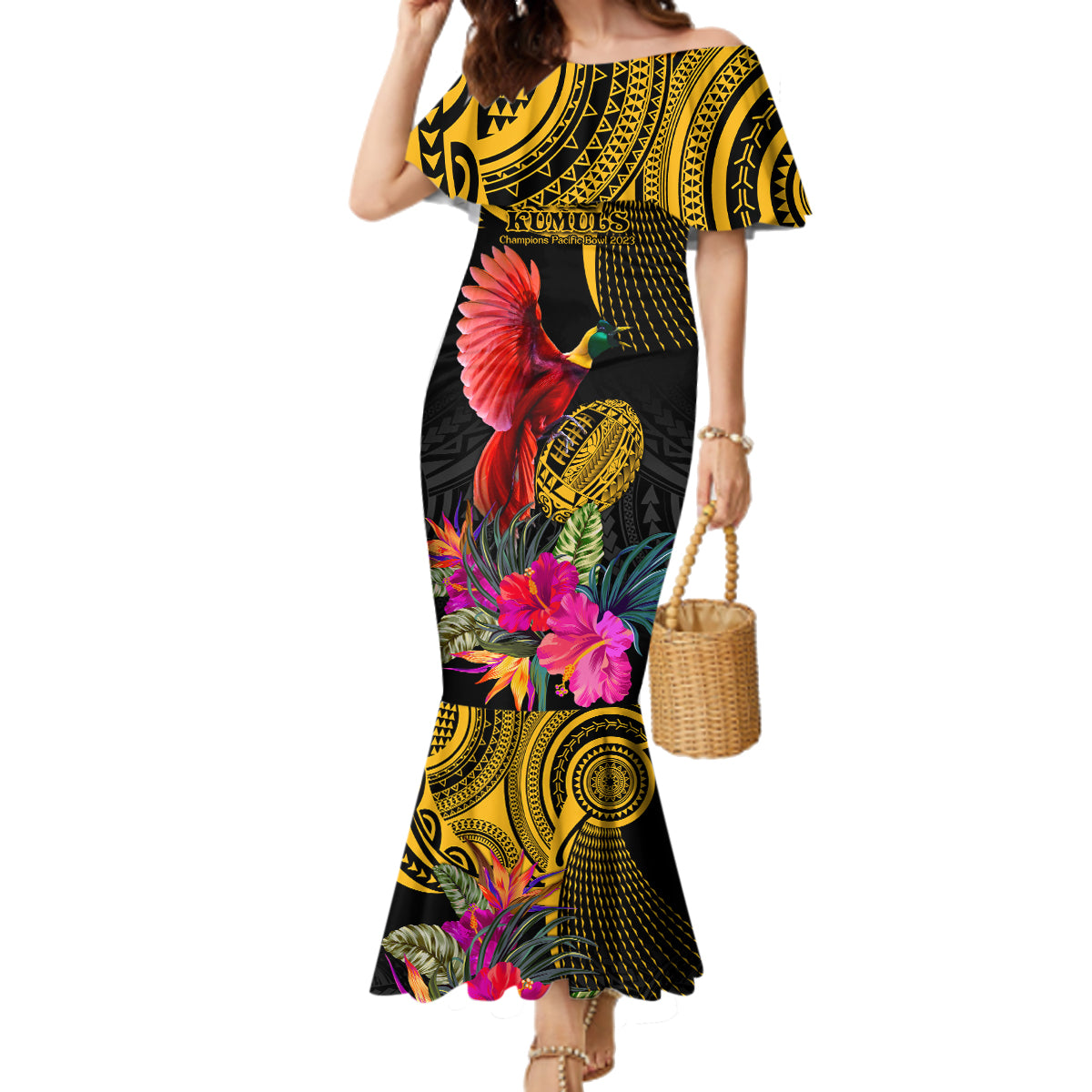 Personalised Papua New Guinea Rugby Family Matching Mermaid Dress and Hawaiian Shirt PNG Kumuls Champions Pacific Bowl LT9 Mom's Dress Gold - Polynesian Pride