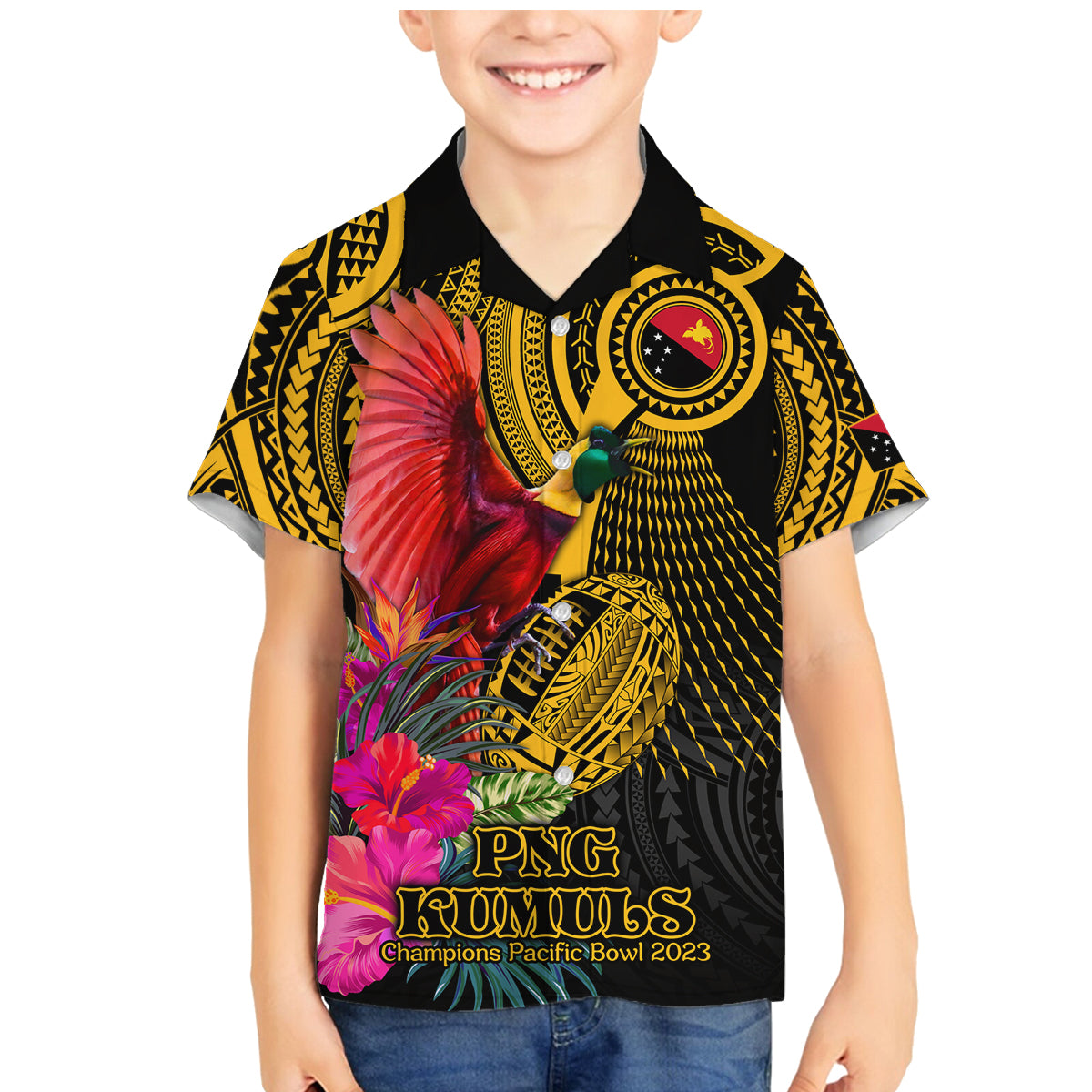 Personalised Papua New Guinea Rugby Family Matching Mermaid Dress and Hawaiian Shirt PNG Kumuls Champions Pacific Bowl LT9 Son's Shirt Gold - Polynesian Pride