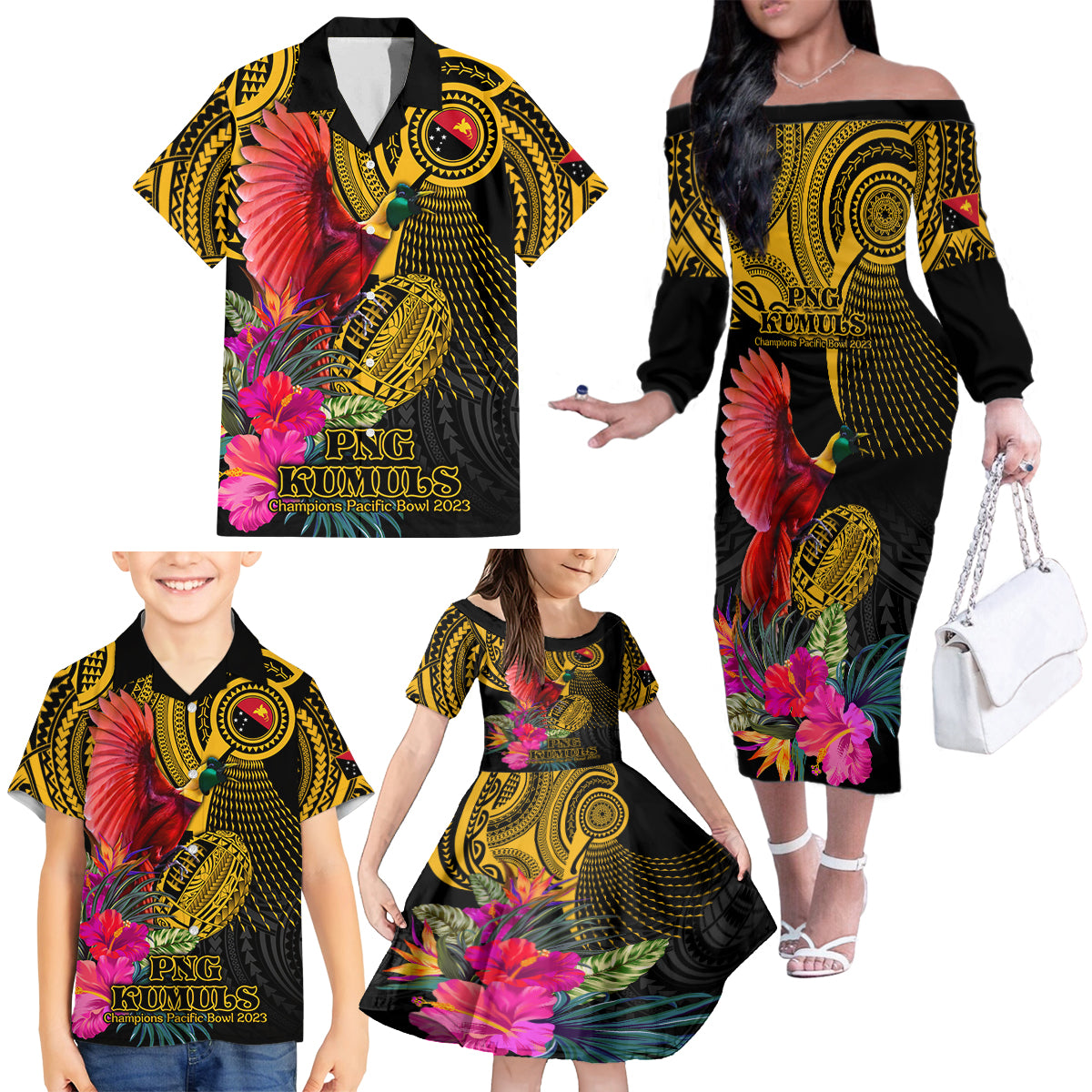 Personalised Papua New Guinea Rugby Family Matching Off Shoulder Long Sleeve Dress and Hawaiian Shirt PNG Kumuls Champions Pacific Bowl LT9 - Polynesian Pride