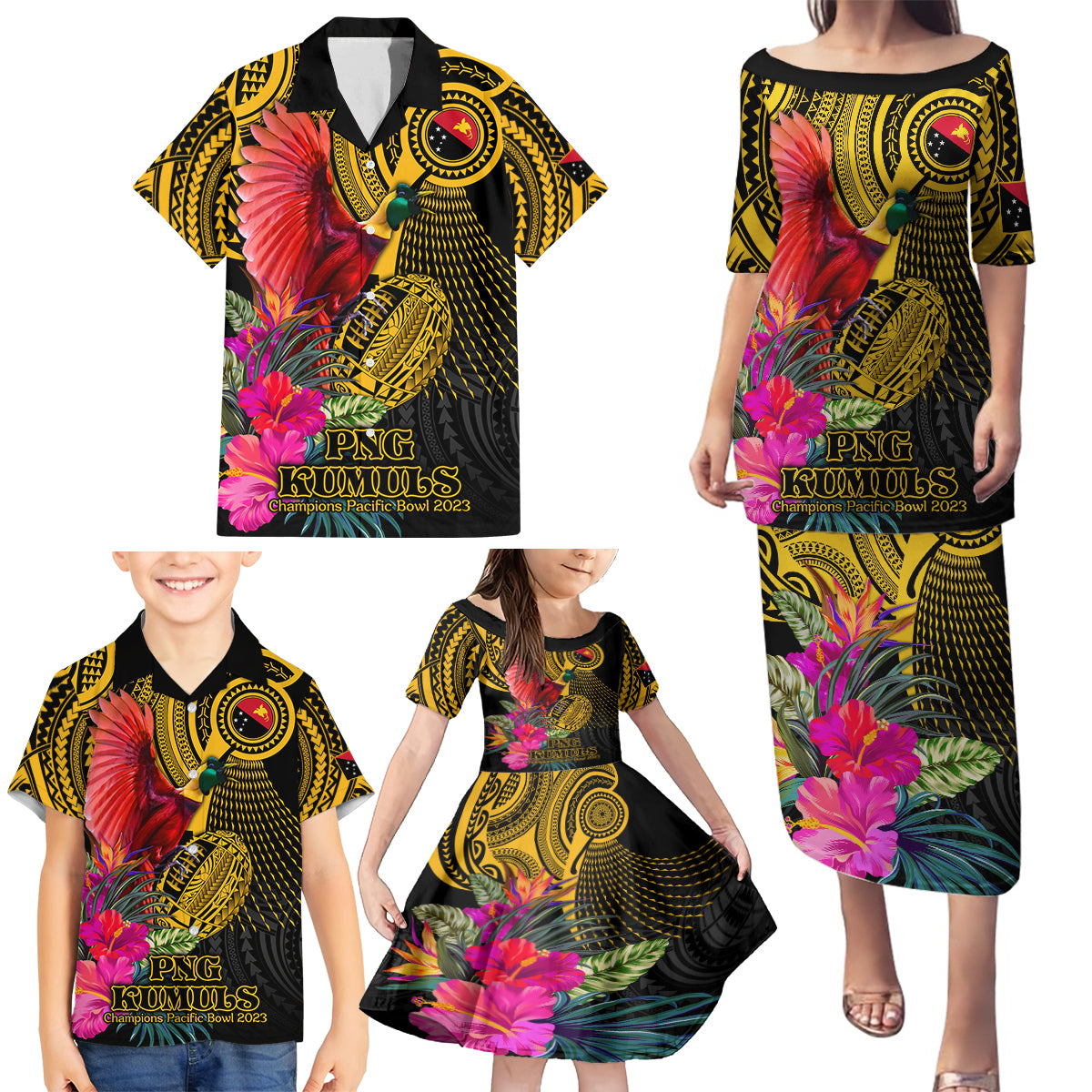 Personalised Papua New Guinea Rugby Family Matching Puletasi Dress and Hawaiian Shirt PNG Kumuls Champions Pacific Bowl LT9 - Polynesian Pride