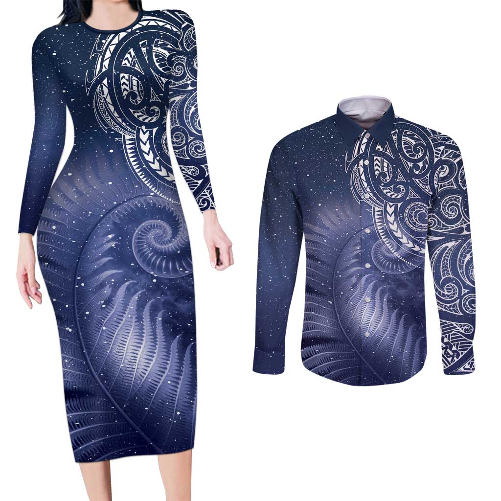 New Zealand Galaxy Fern Couples Matching Long Sleeve Bodycon Dress and Long Sleeve Button Shirt