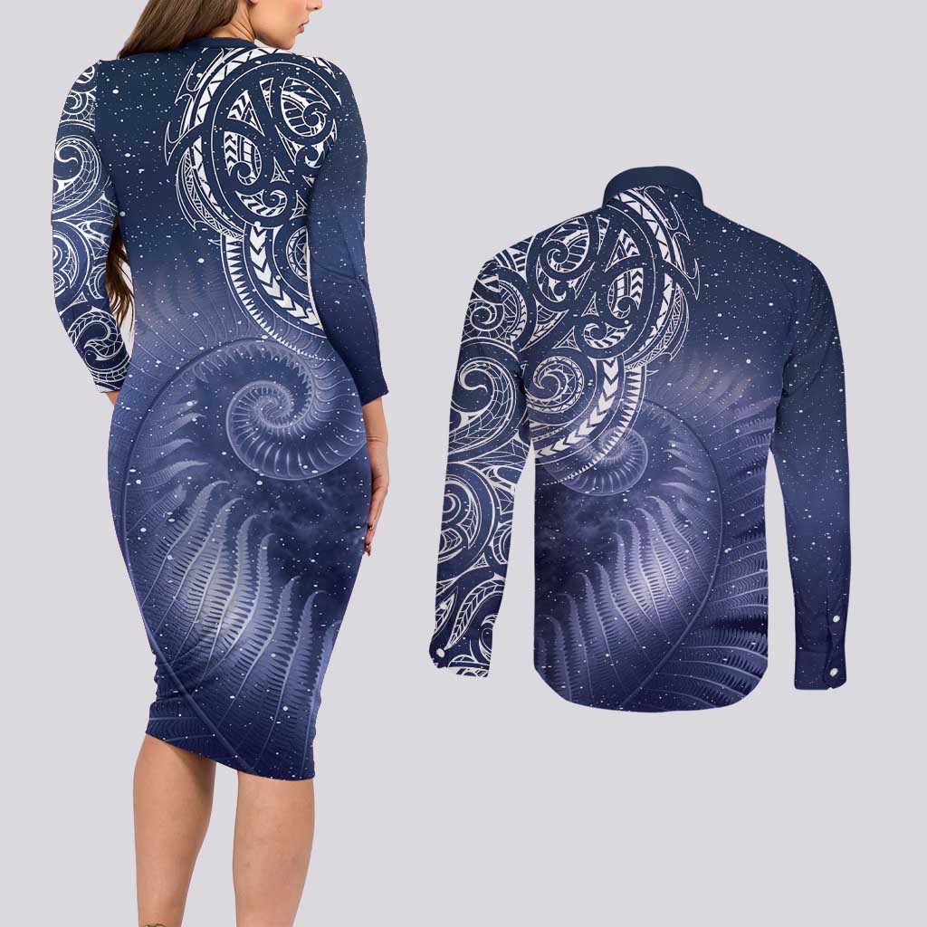 New Zealand Galaxy Fern Couples Matching Long Sleeve Bodycon Dress and Long Sleeve Button Shirt
