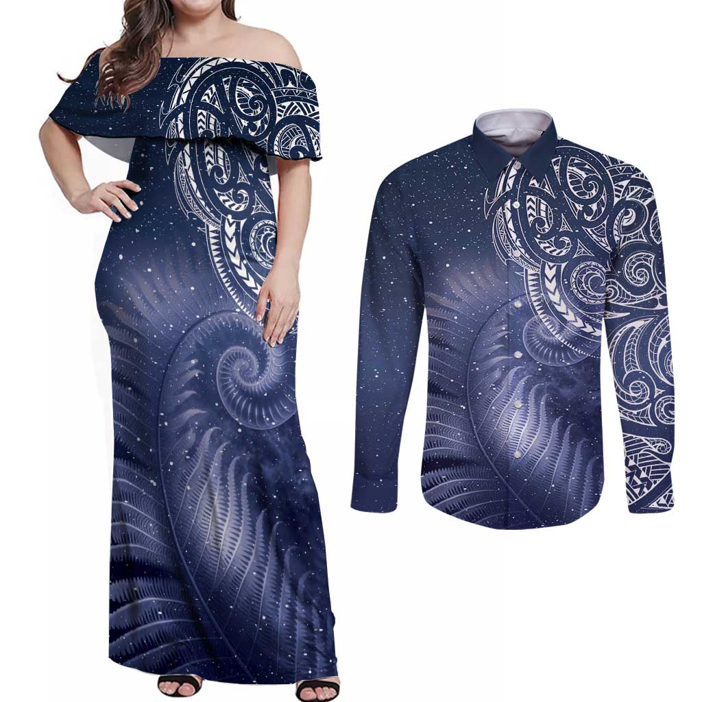 New Zealand Galaxy Fern Couples Matching Off Shoulder Maxi Dress and Long Sleeve Button Shirt
