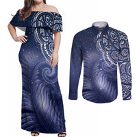 New Zealand Galaxy Fern Couples Matching Off Shoulder Maxi Dress and Long Sleeve Button Shirt