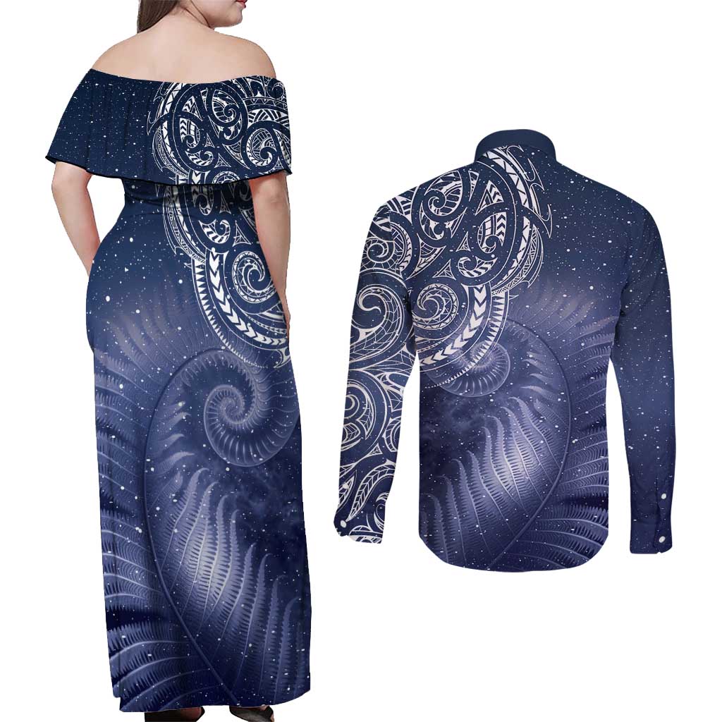 New Zealand Galaxy Fern Couples Matching Off Shoulder Maxi Dress and Long Sleeve Button Shirt