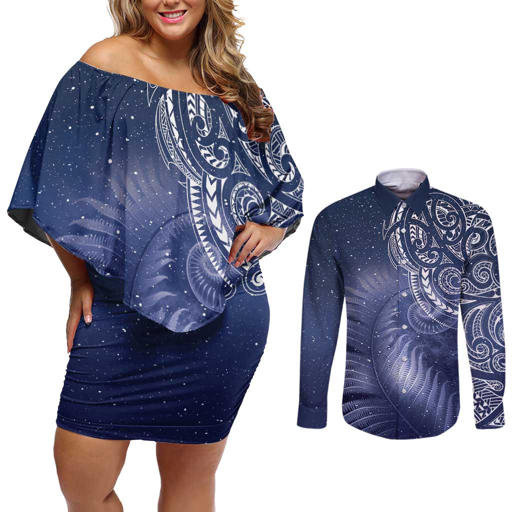 New Zealand Galaxy Fern Couples Matching Off Shoulder Short Dress and Long Sleeve Button Shirt