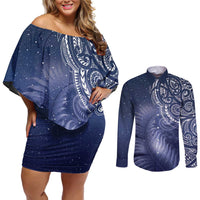 New Zealand Galaxy Fern Couples Matching Off Shoulder Short Dress and Long Sleeve Button Shirt