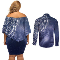 New Zealand Galaxy Fern Couples Matching Off Shoulder Short Dress and Long Sleeve Button Shirt