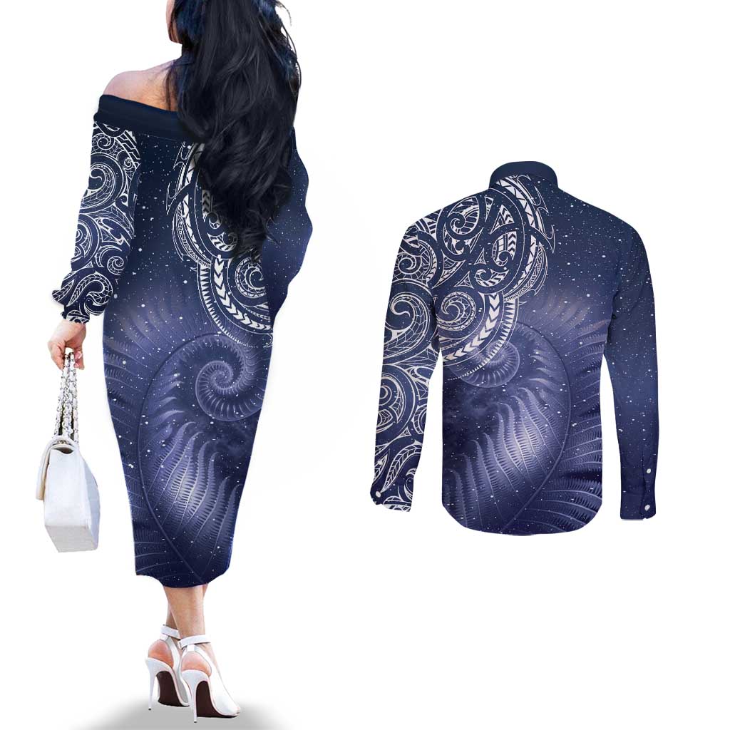 New Zealand Galaxy Fern Couples Matching Off The Shoulder Long Sleeve Dress and Long Sleeve Button Shirt
