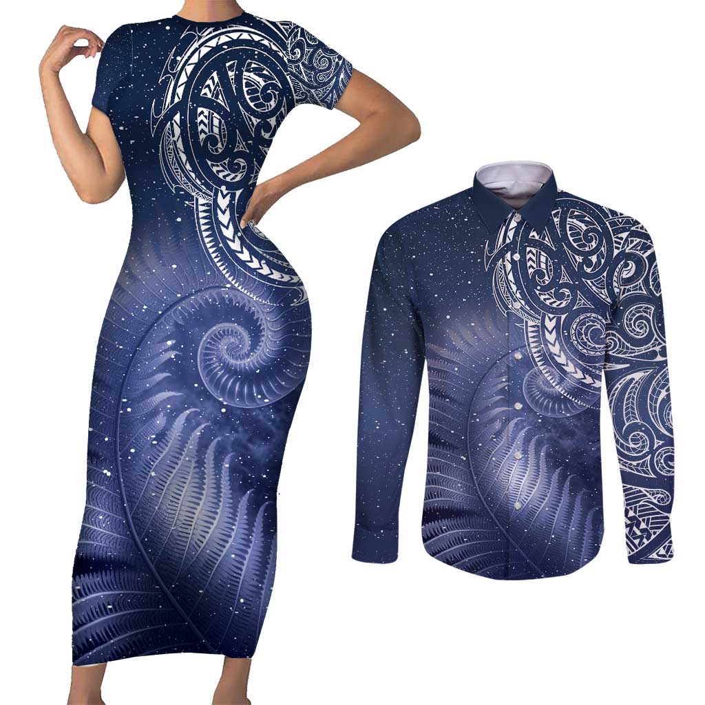 New Zealand Galaxy Fern Couples Matching Short Sleeve Bodycon Dress and Long Sleeve Button Shirt