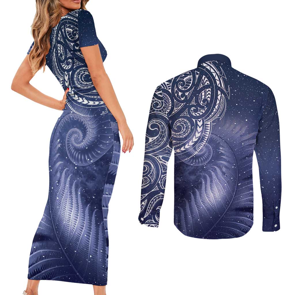New Zealand Galaxy Fern Couples Matching Short Sleeve Bodycon Dress and Long Sleeve Button Shirt