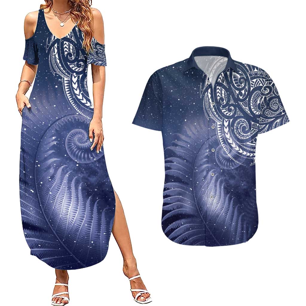 New Zealand Galaxy Fern Couples Matching Summer Maxi Dress and Hawaiian Shirt