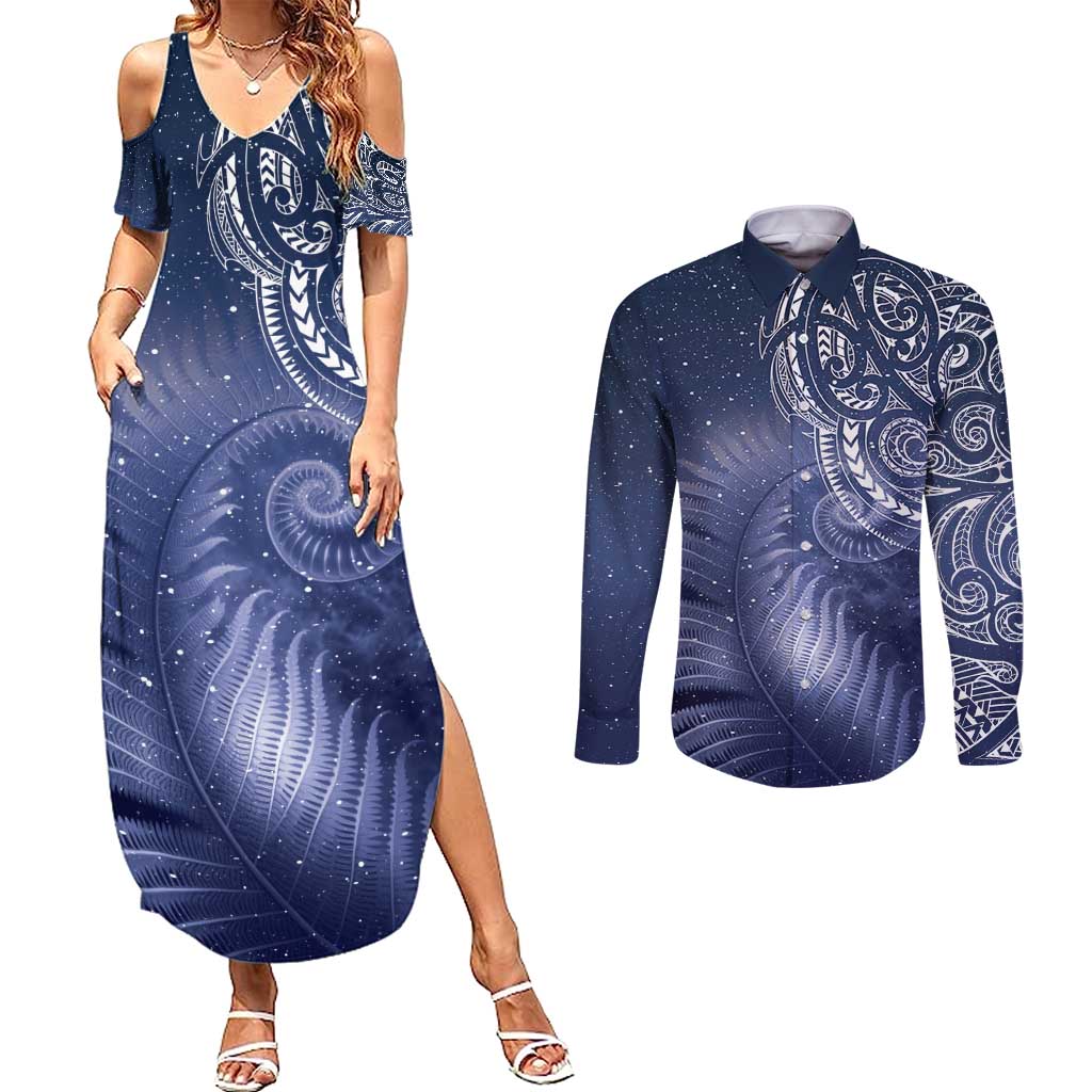New Zealand Galaxy Fern Couples Matching Summer Maxi Dress and Long Sleeve Button Shirt