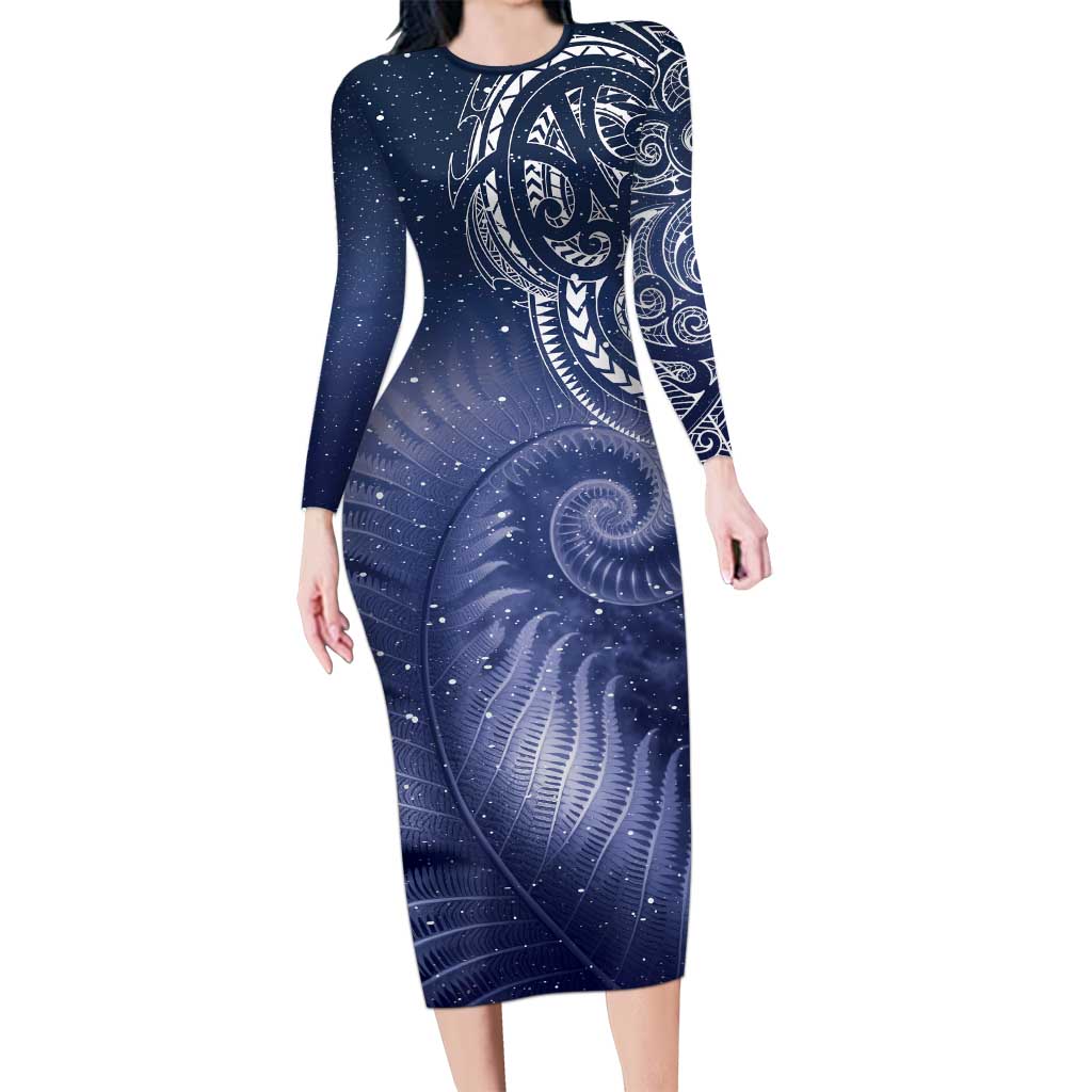 New Zealand Galaxy Fern Long Sleeve Bodycon Dress LT9 Long Dress Galaxy - Polynesian Pride
