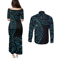 New Zealand Tribal Tattoo Couples Matching Puletasi and Long Sleeve Button Shirt With Matariki Art LT9 - Polynesian Pride