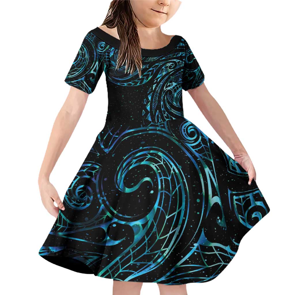 New Zealand Tribal Tattoo Family Matching Off Shoulder Short Dress and Hawaiian Shirt With Matariki Art LT9 Daughter's Dress Galaxy - Polynesian Pride