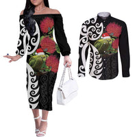 New Zealand Kakapo Christmas Couples Matching Off The Shoulder Long Sleeve Dress and Long Sleeve Button Shirt Meri Kirihimete Pohutukawa Flowers