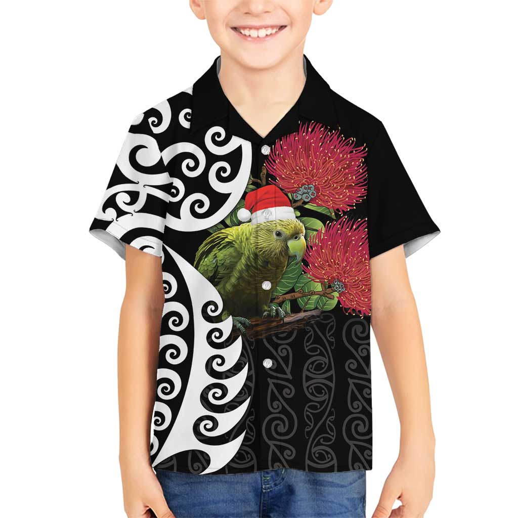 New Zealand Kakapo Christmas Family Matching Off Shoulder Short Dress and Hawaiian Shirt Meri Kirihimete Pohutukawa Flowers LT9 Son's Shirt Black - Polynesian Pride