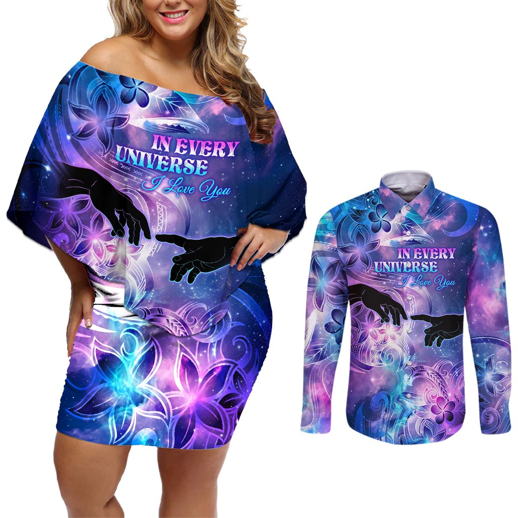 I Love You In Every Universe Personalised Couples Matching Off Shoulder Short Dress and Long Sleeve Button Shirt Polynesian Pattern Galaxy Style LT9 Galaxy - Polynesian Pride