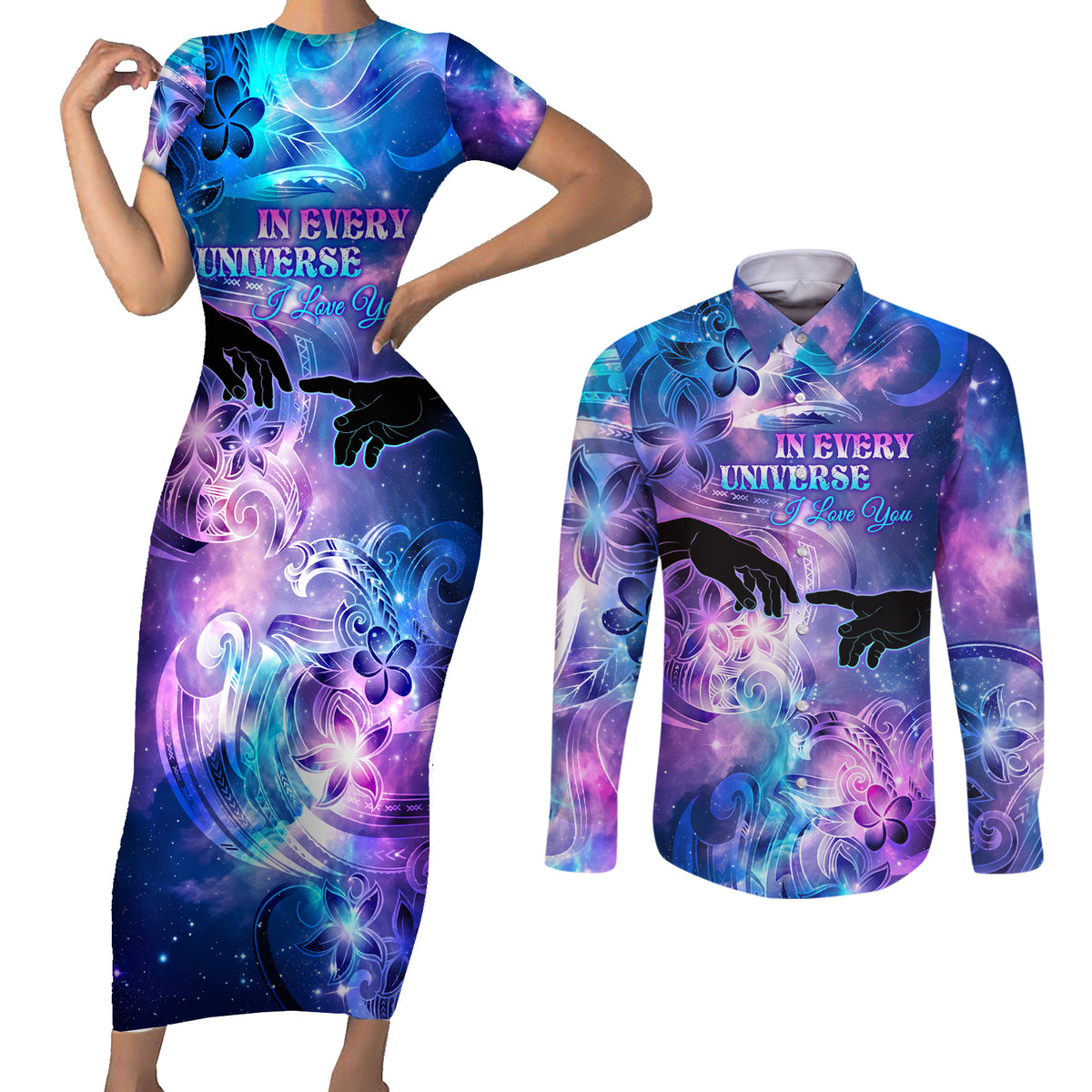 I Love You In Every Universe Personalised Couples Matching Short Sleeve Bodycon Dress and Long Sleeve Button Shirt Polynesian Pattern Galaxy Style LT9 Galaxy - Polynesian Pride