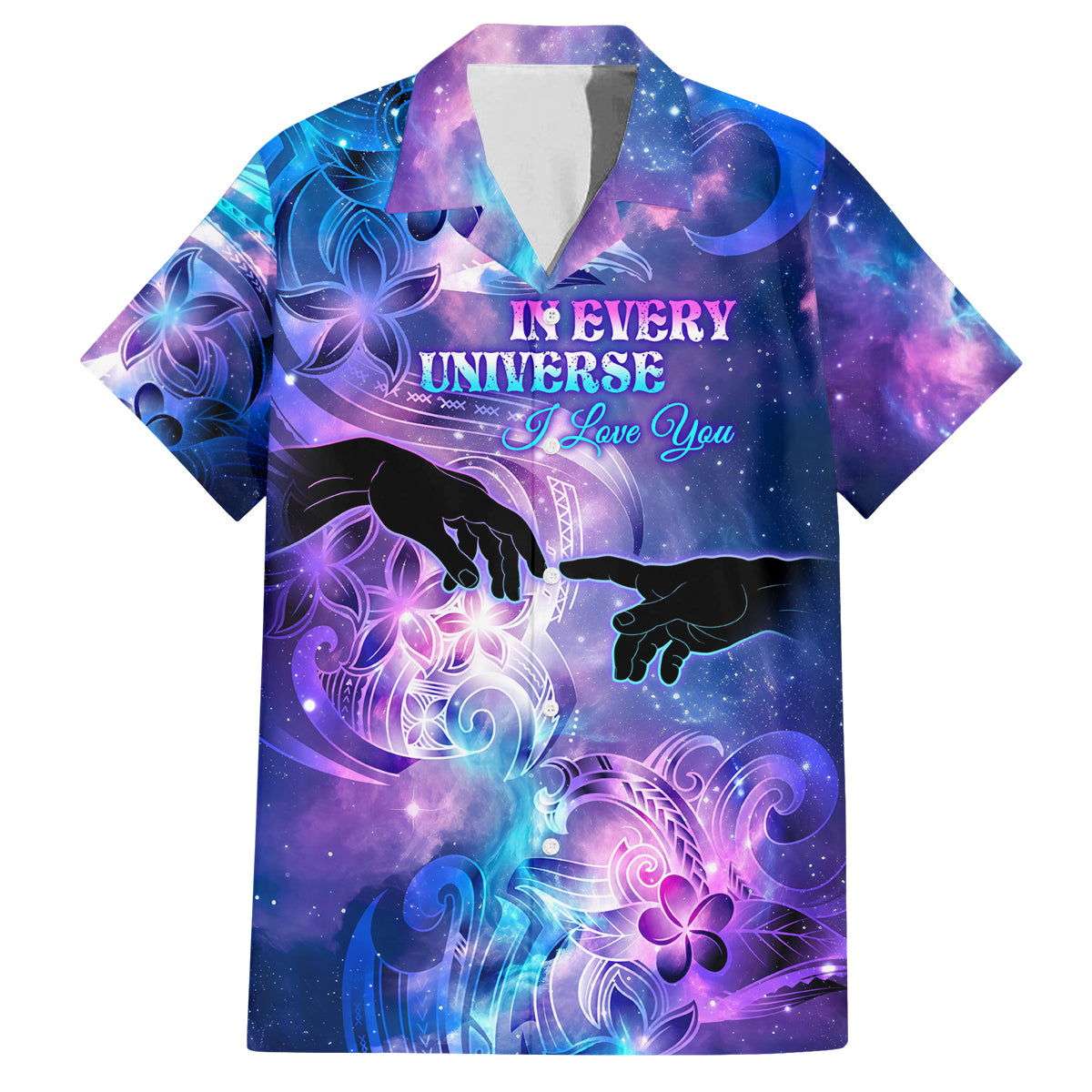 I Love You In Every Universe Personalised Family Matching Off Shoulder Long Sleeve Dress and Hawaiian Shirt Polynesian Pattern Galaxy Style LT9 Dad's Shirt - Short Sleeve Galaxy - Polynesian Pride