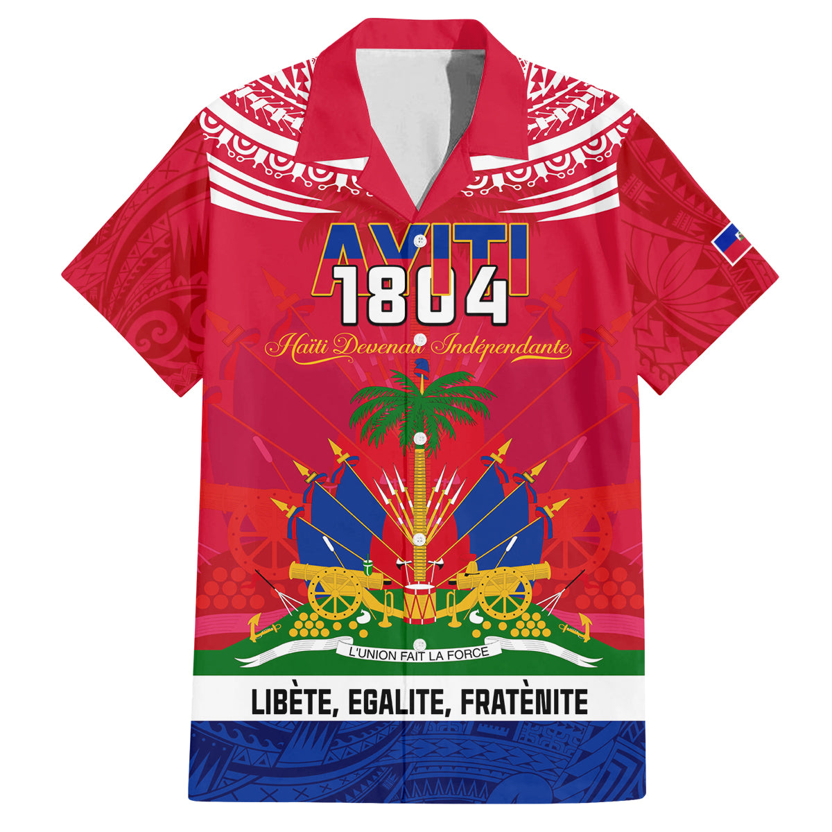 Haiti Independence Day Family Matching Off Shoulder Short Dress and Hawaiian Shirt Libete Egalite Fratenite Ayiti 1804 With Polynesian Pattern LT9 Dad's Shirt - Short Sleeve Red - Polynesian Pride