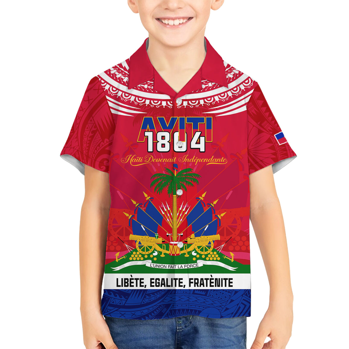 Haiti Independence Day Family Matching Summer Maxi Dress and Hawaiian Shirt Libete Egalite Fratenite Ayiti 1804 With Polynesian Pattern LT9 Son's Shirt Red - Polynesian Pride