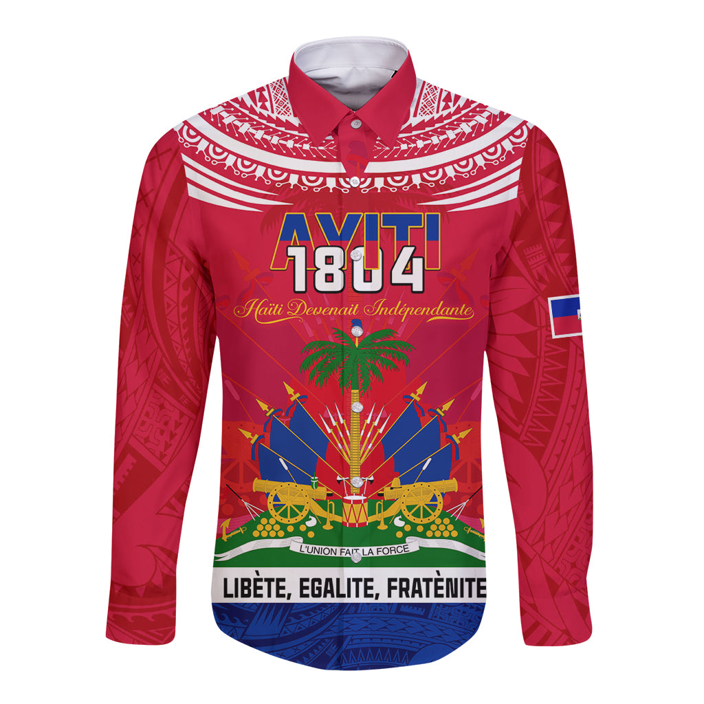 Haiti Independence Day Long Sleeve Button Shirt Libete Egalite Fratenite Ayiti 1804 With Polynesian Pattern LT9 Unisex Red - Polynesian Pride