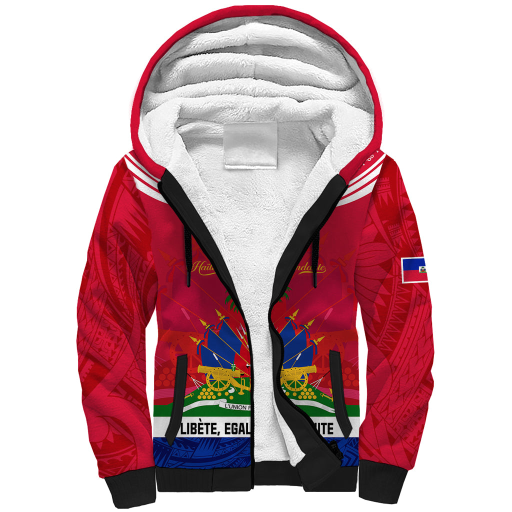 Haiti Independence Day Sherpa Hoodie Libete Egalite Fratenite Ayiti 1804 With Polynesian Pattern LT9 Unisex Red - Polynesian Pride