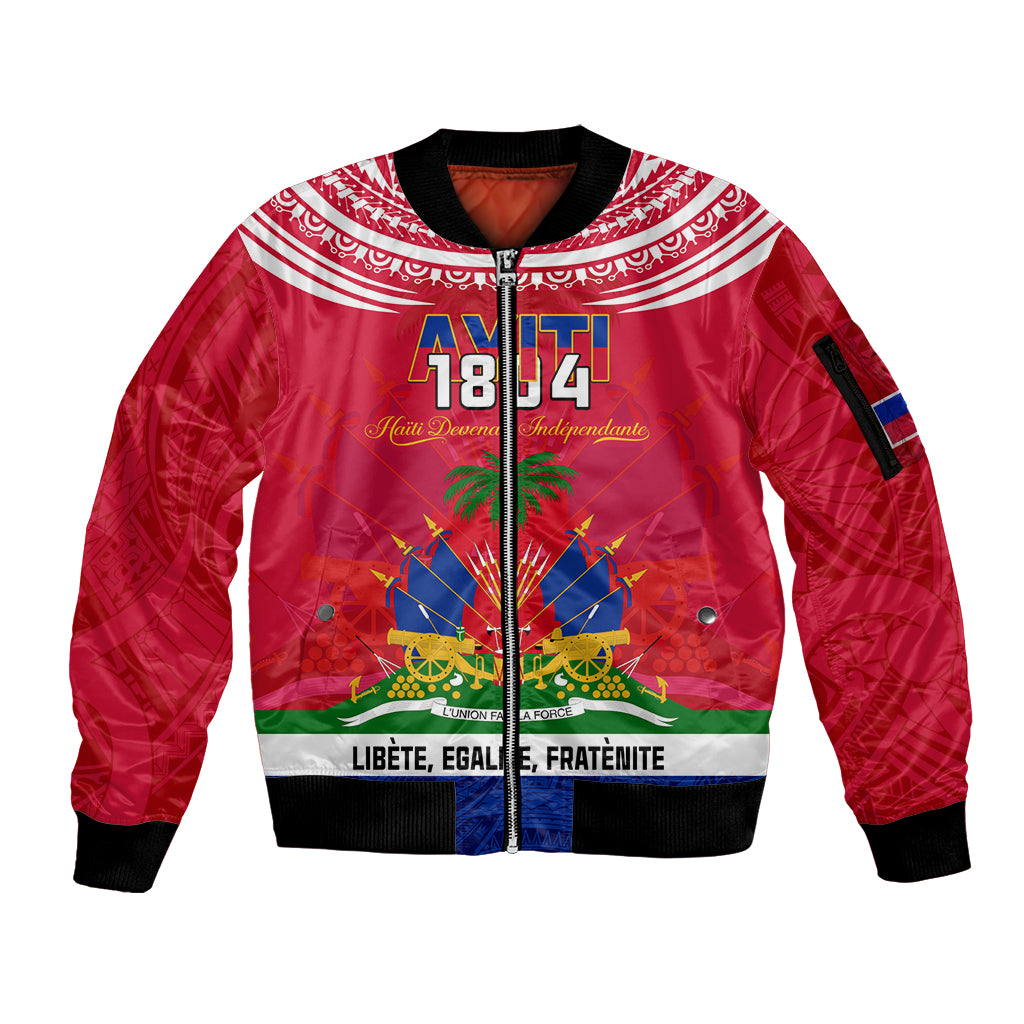 Haiti Independence Day Sleeve Zip Bomber Jacket Libete Egalite Fratenite Ayiti 1804 With Polynesian Pattern LT9 Unisex Red - Polynesian Pride